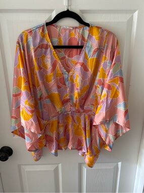 Floral V-Neck Peplum Blouse - Pink & Yellow